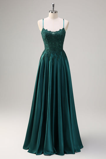Mørkegrøn A-linje Spaghetti stropper Satin Beaded Lang Gallakjole med Appliques